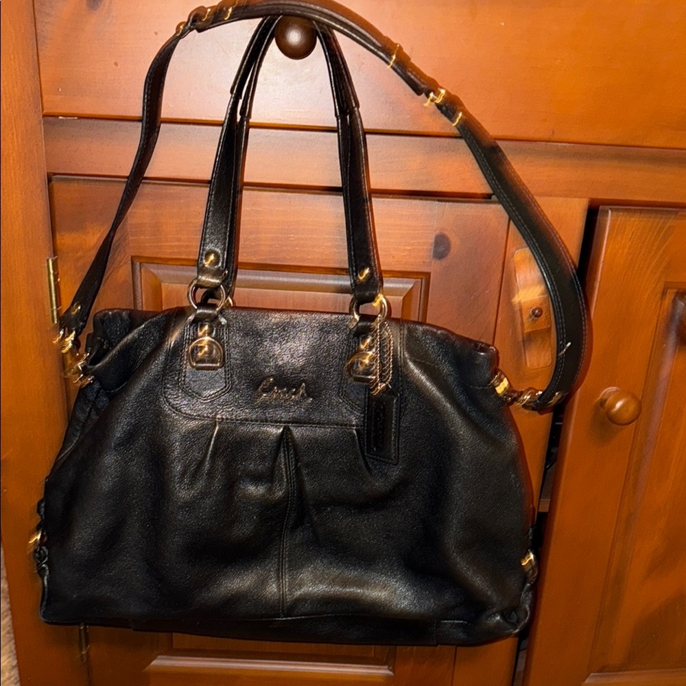 Coach Black Leather Shoulder Bag with Glossy Finish